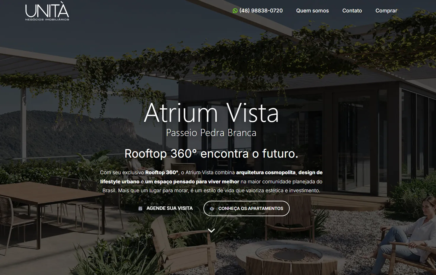 Atrium Vista - Landing Page Imobiliária desenvolvida pela VIBE SITES para Unitá Imobiliária em Pedra Branca, Palhoça SC
