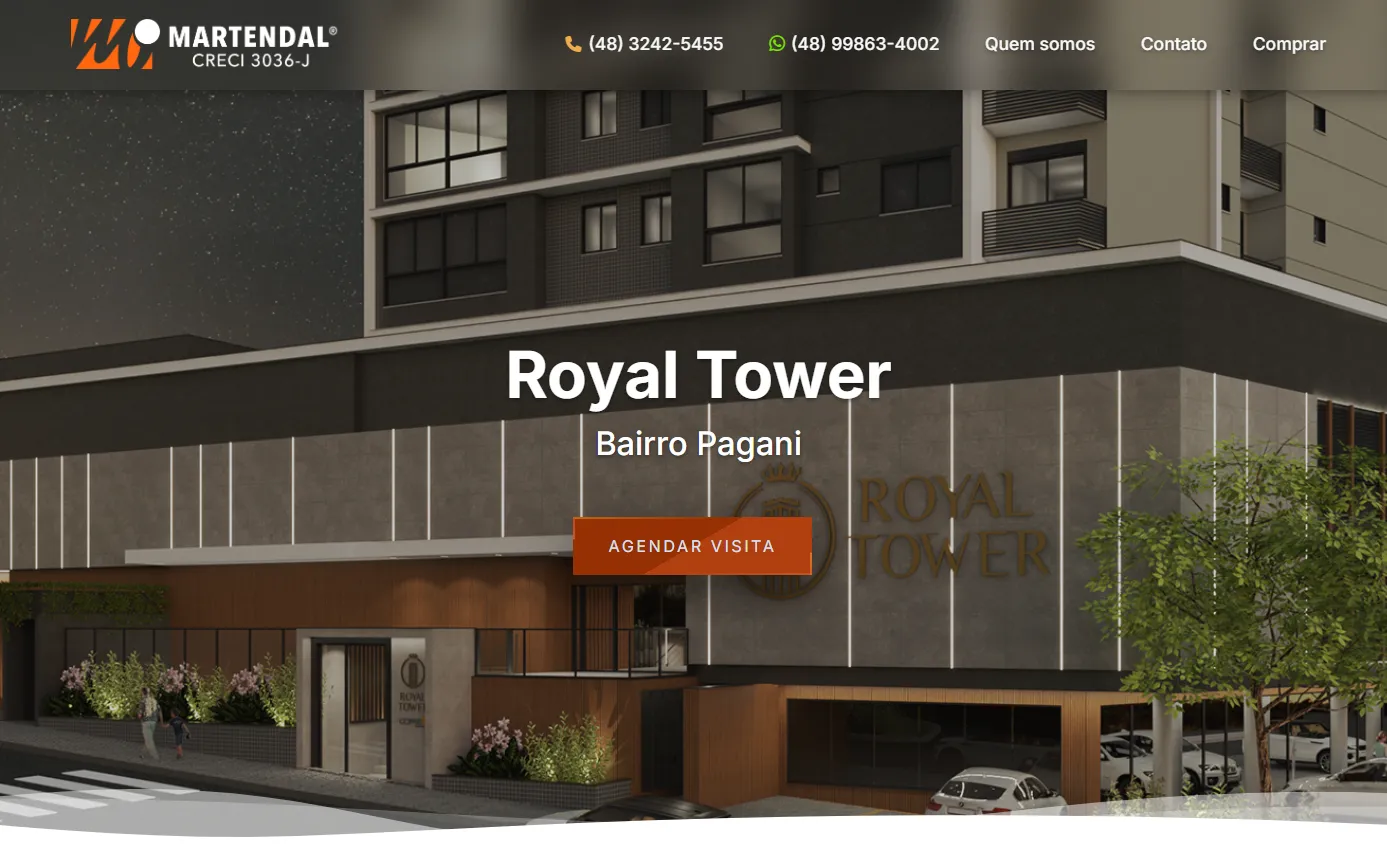 Royal Tower - Landing Page Imobiliária premium desenvolvida pela VIBE SITES para Martendal Imóveis em Palhoça SC