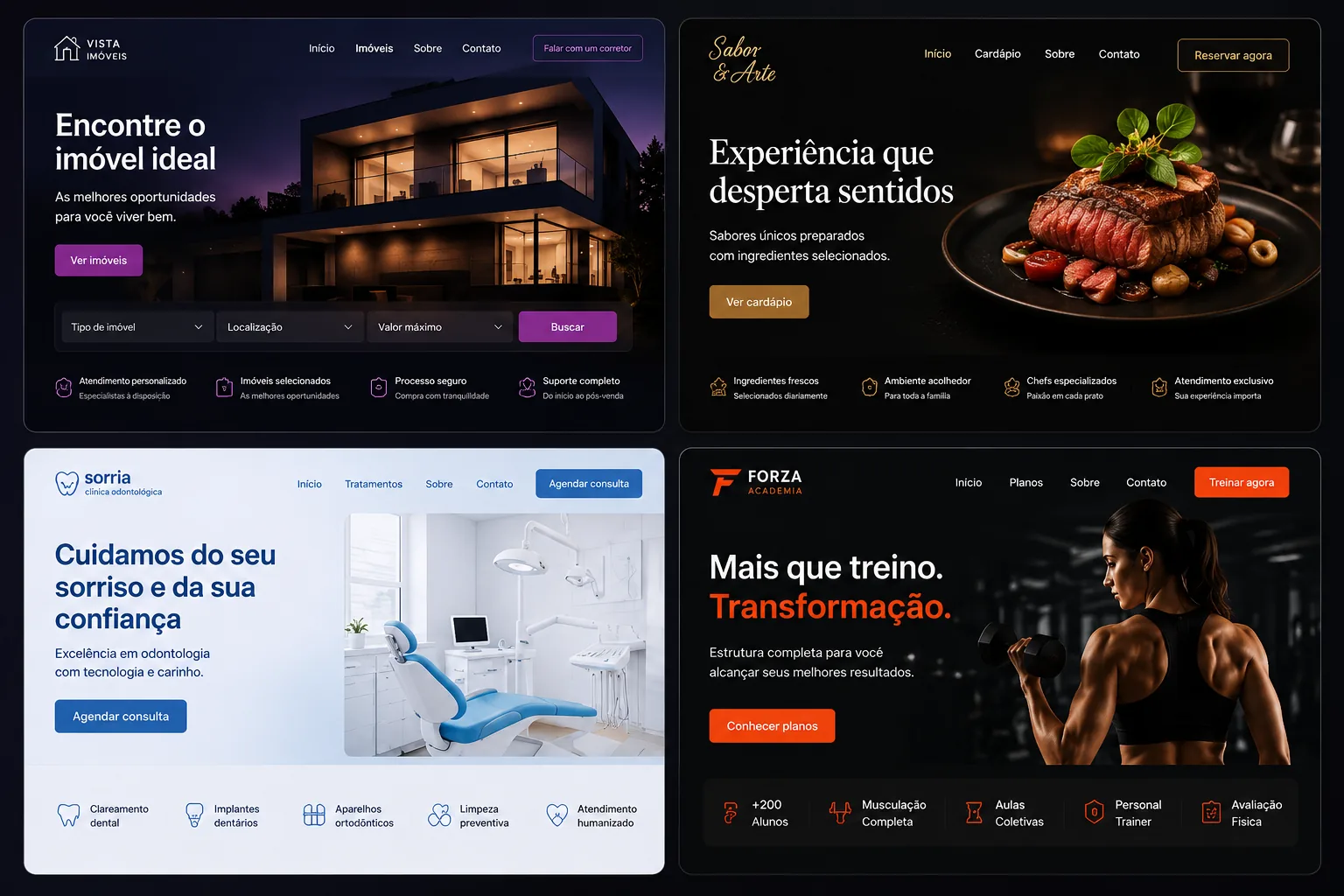 Exemplos de templates personalizados desenvolvidos pela Vibe Sites